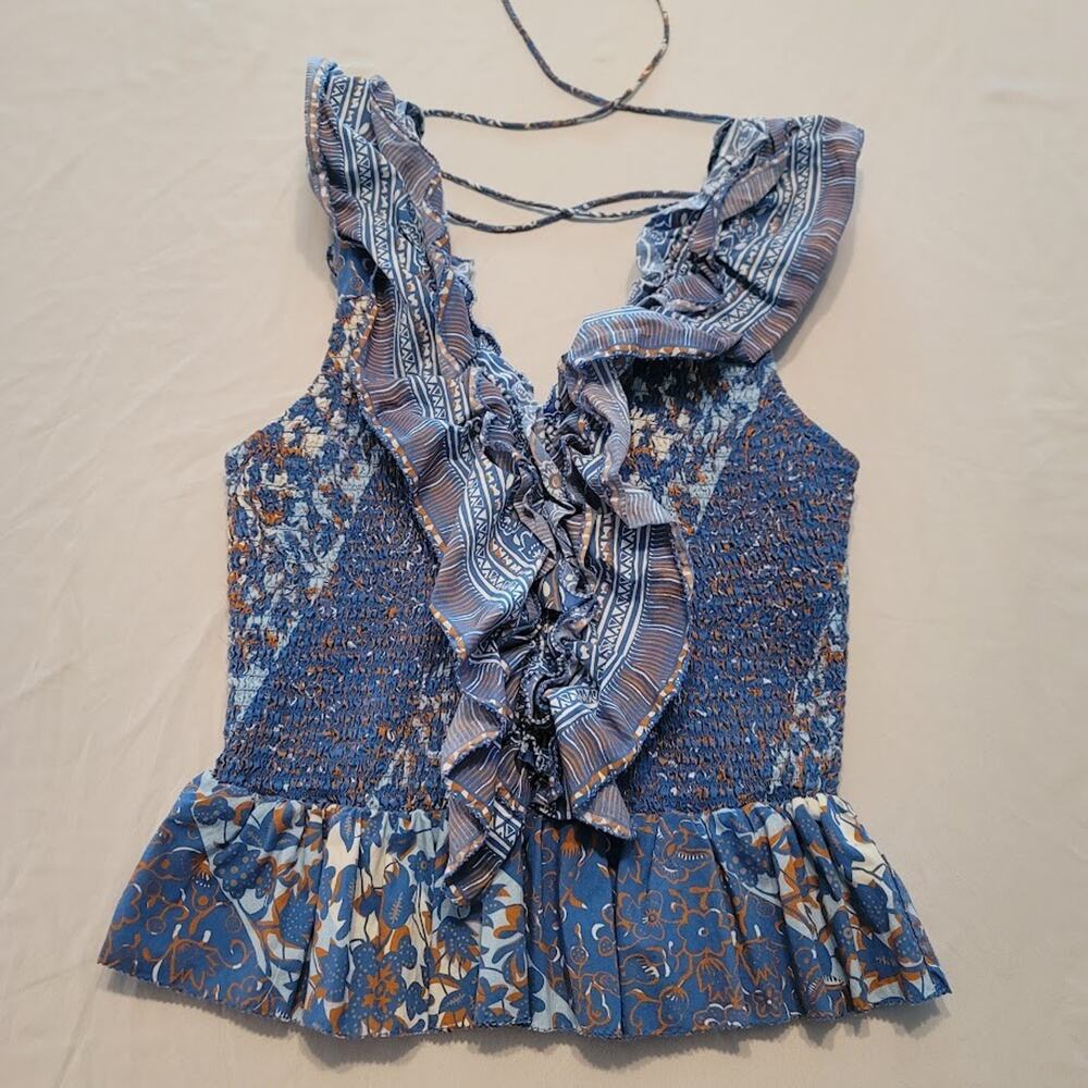 Boho Love the Label Smocked Ruffle Top Blue Floral Print Women’s Size M